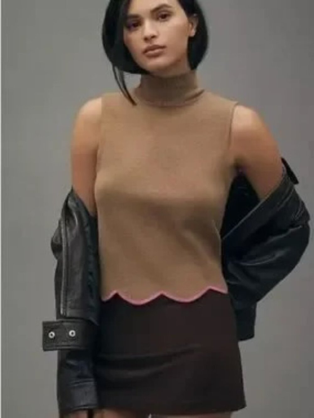 Maeve Brown Sleeveless Turtleneck Sweater with Pink Hem
